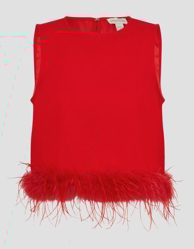 Monsoon x Sarah Corbett-Winder Feather Trim Crop Top, Red (RED), large