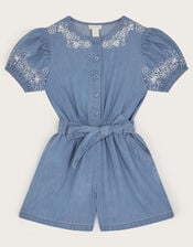 Embroidered Chambray Short Sleeve Playsuit, Blue (BLUE), large