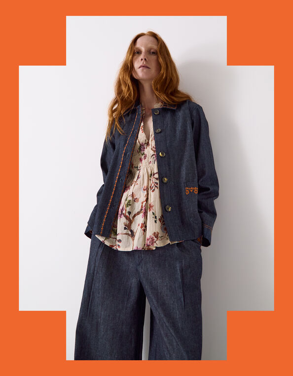 East Jayla Embroidered Denim Shirt Jacket, Blue (NAVY), large