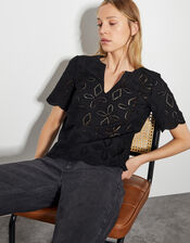 Brooke Short Sleeve Broderie Top , Black (BLACK), large