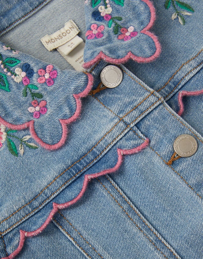 Floral Embroidered Frill Denim Jacket, Blue (BLUE), large