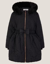 Faux Fur Hooded Bow Quilted Coat, Black (BLACK), large