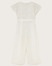Short Sleeve Lacy Sequin Jumpsuit, Ivory (IVORY), large