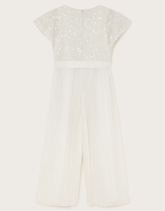 Short Sleeve Lacy Sequin Jumpsuit, Ivory (IVORY), large