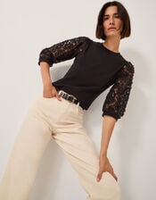 Flavia Sheer Appliqu&eacute; Sleeve Jersey Top, Black (BLACK), large