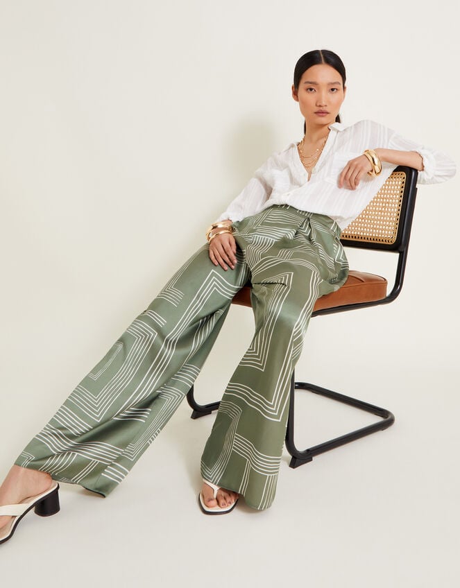 Anica Print Wide Leg Trousers, Green (KHAKI), large