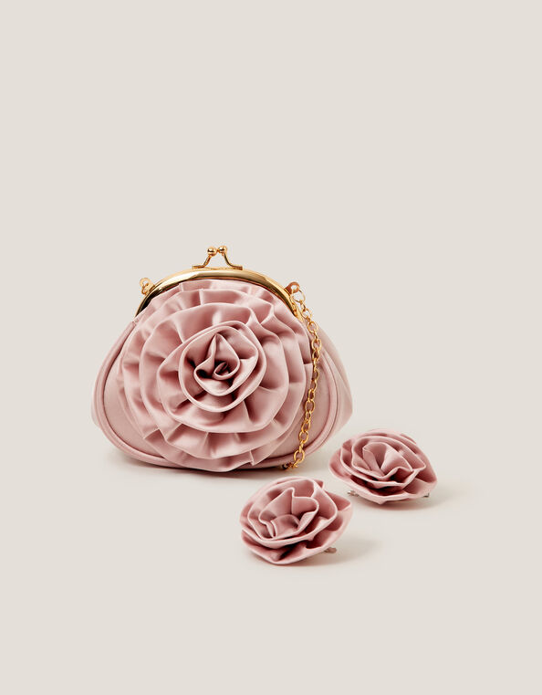 Satin Rose Clip Frame Bag & Hair Clips Set, , large