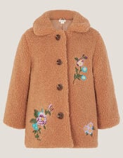 Baby Floral Embroidered Faux Shearling Coat, Camel (CAMEL), large