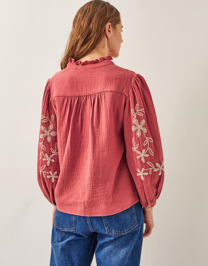 Bridget Embroidered Cotton Blouse, Red (BURGUNDY), large