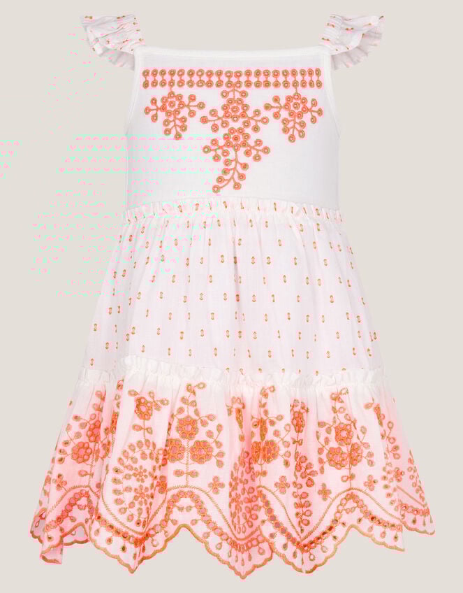 Baby Broderie Tiered Cotton Sundress, Orange (ORANGE), large