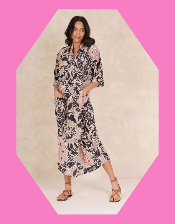 One Hundred Stars Rachel Floral Midi Dress, Brown (TAUPE), large