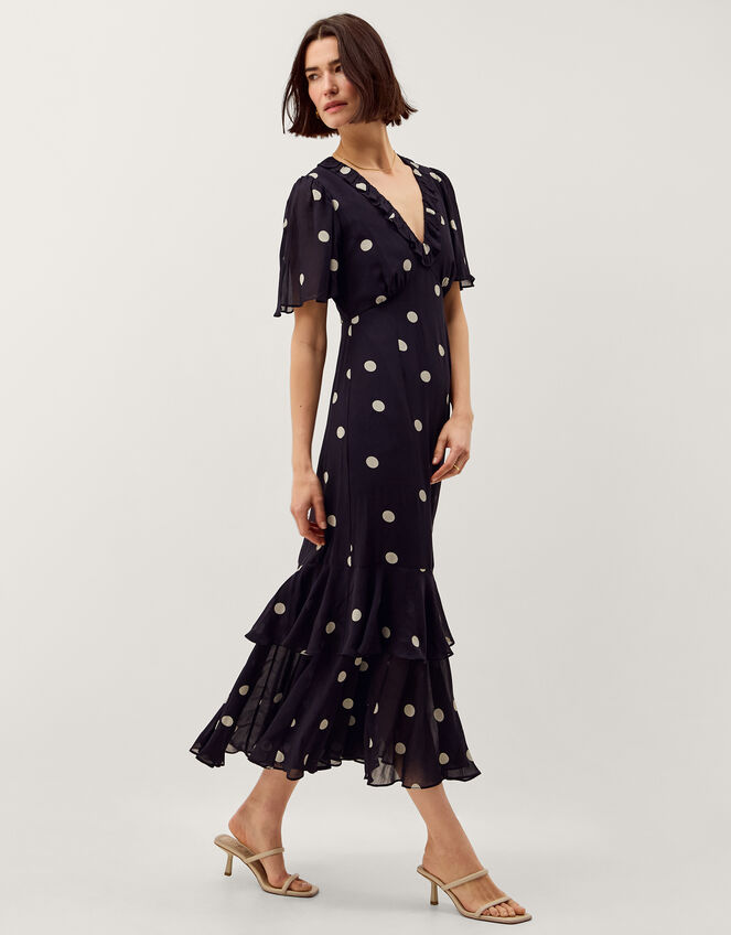 Rowena Polka Dot Ruffle Midi Dress, Blue (NAVY), large