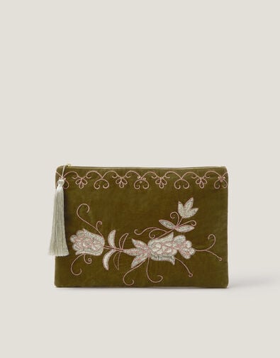 Floral Embroidered Velvet Make Up Pouch, , large