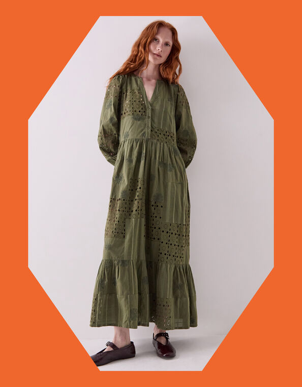 East Tasia Patchwork Broderie Maxi Dress, Green (OLIVE), large