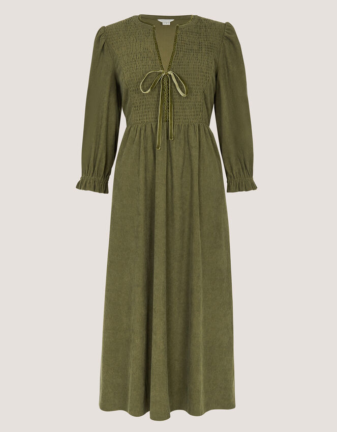 Sara Smocked Corduroy Midi Dress, Green (KHAKI), large