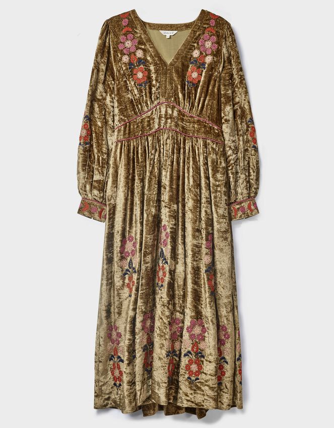 East Sophia Floral Embroidered Velvet Midi Dress, Green (GREEN), large