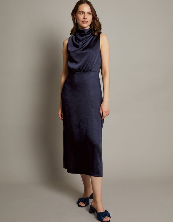Livia Satin Cowl Halter Midi Dress, Blue (NAVY), large