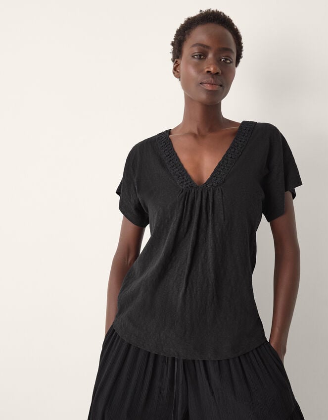 Amaya Crochet V-Neck T-Shirt, Black (BLACK), large