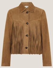 Lily Fringe Suede Jacket, Tan (TAN), large