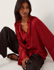 Arlette V-Neck Frill Satin Blouse, Red (BURGUNDY), large