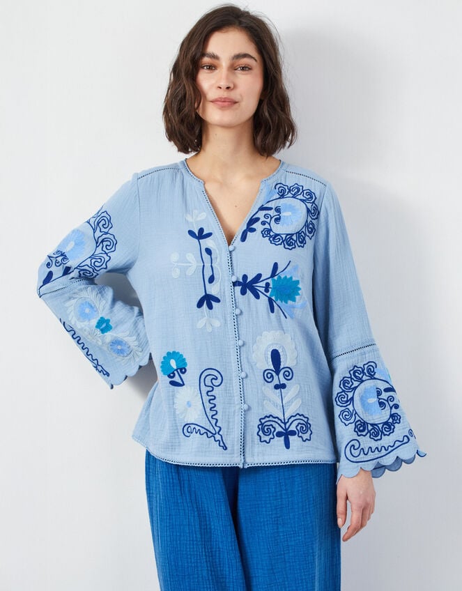 East Aurina Long Sleeve Embroidered Blouse, Blue (BLUE), large