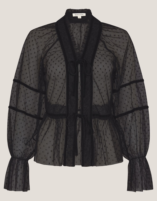 Lina Sheer Polka Dot Lace Blouse, Black (BLACK), large