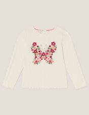 Butterfly Embroidered Ribbed Top, Ivory (IVORY), large