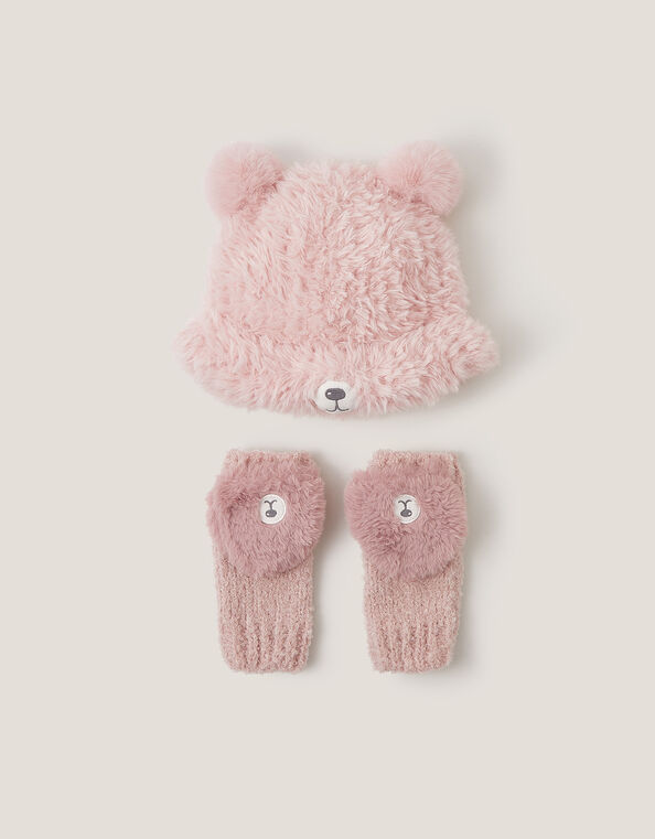 Fluffy Teddy Hat & Mitten Set, Pink (PINK), large