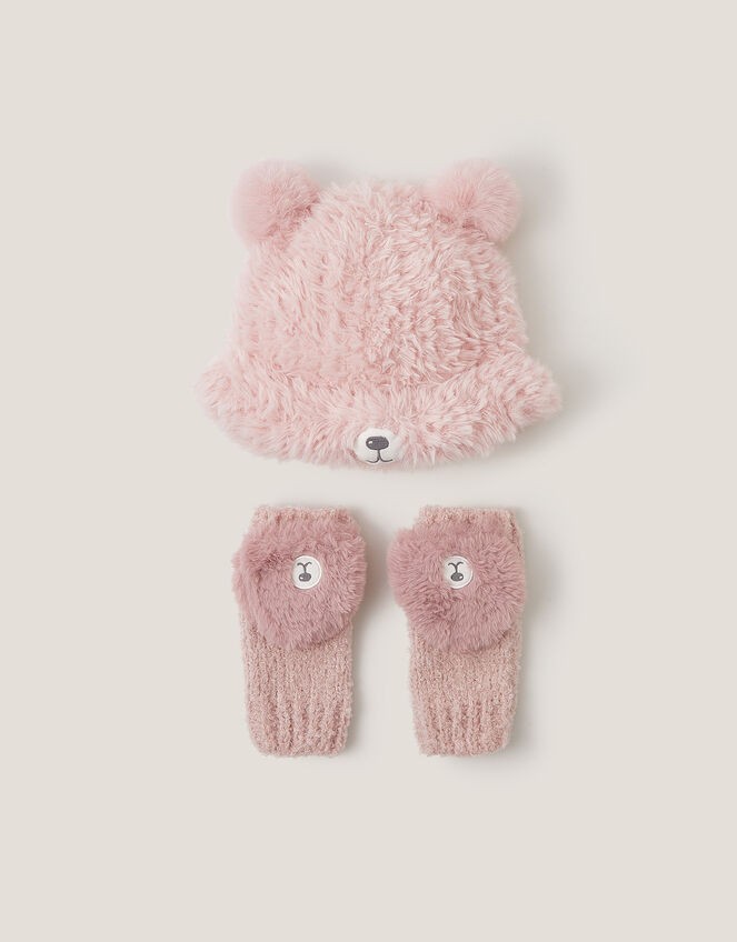Fluffy Teddy Hat & Mitten Set, Pink (PINK), large