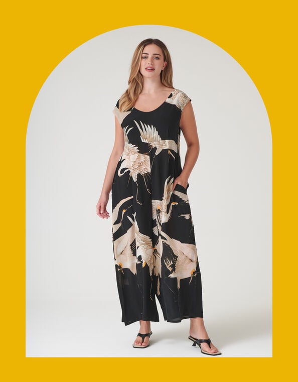One Hundred Stars Stork Print Wide Leg Jumpsuit, , large