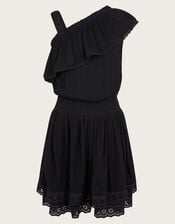 Asymmetrical Broderie Frill Dress, Black (BLACK), large
