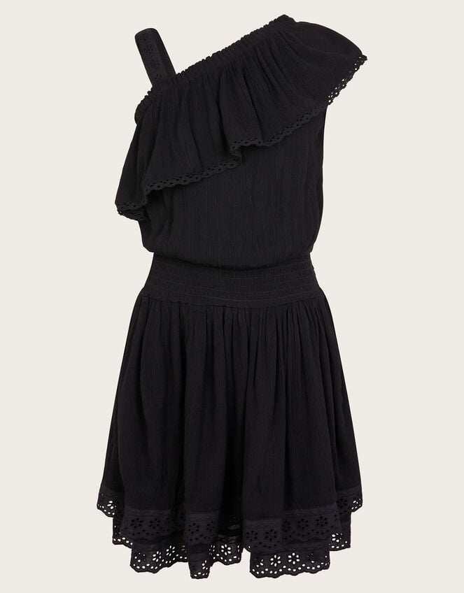 Asymmetrical Broderie Frill Dress, Black (BLACK), large