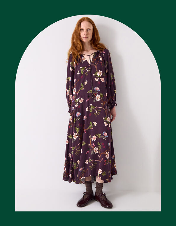 East Adelle Floral Long Sleeve Midi Dress, Red (BERRY), large