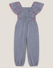 Floral Embroidered Gingham Jumpsuit, Blue (NAVY), large