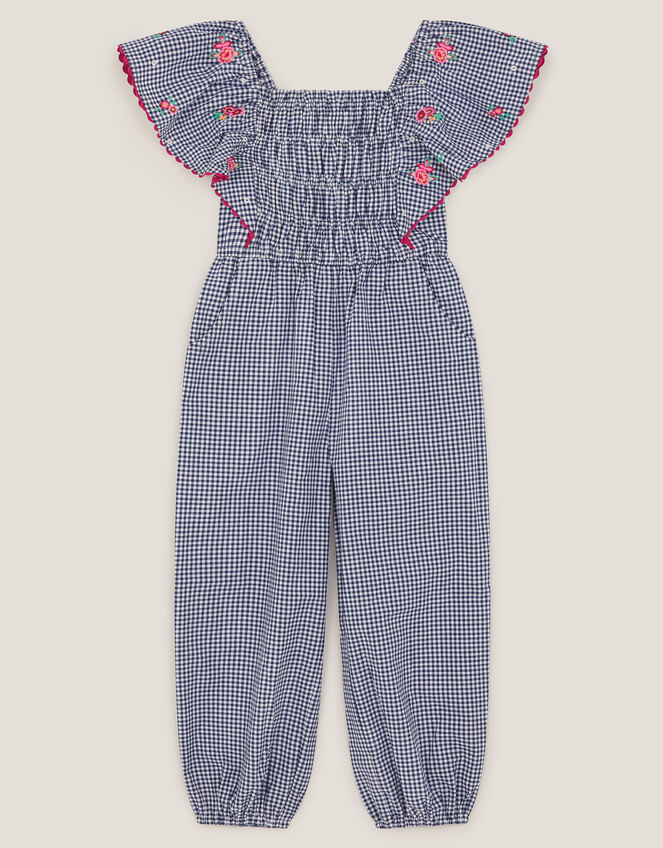 Floral Embroidered Gingham Jumpsuit, Blue (NAVY), large