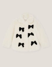 Bow Faux Fur Coat, Cream (CREAM), large