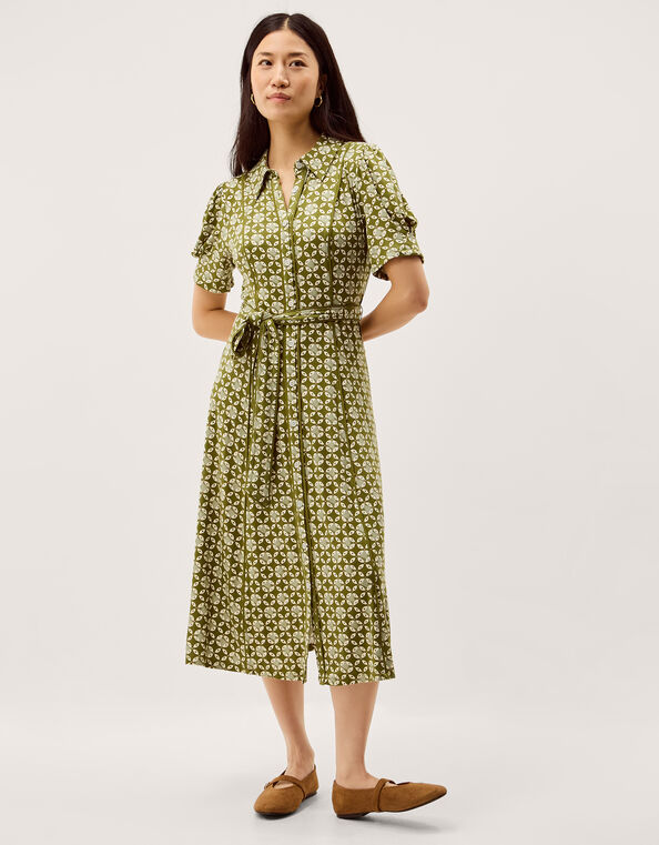 Kalani Geometric Jersey Midi Shirt Dress, Green (GREEN), large