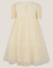 Natalie Puff Sleeve Shimmer Tulle Dress, Gold (GOLD), large