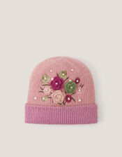 Flower Embellished Beanie Hat, Pink (PINK), large