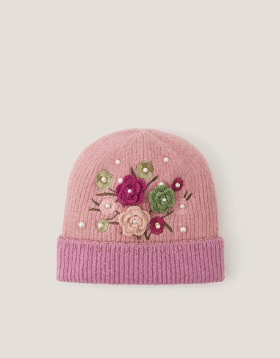 Flower Embellished Beanie Hat, Pink (PINK), large