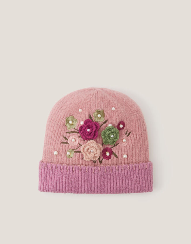 Flower Embellished Beanie Hat, Pink (PINK), large