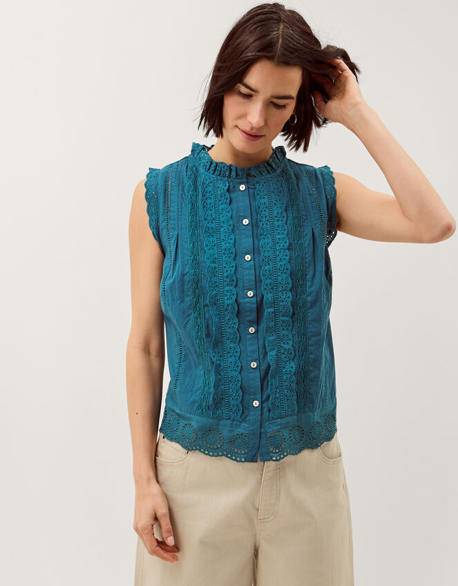 Trish Sleeveless Broderie Frill Top, Teal (TEAL), large