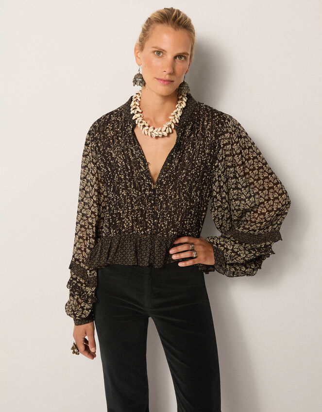 Maison Hotel Catalina Frilly Mix Print Blouse, Black (BLACK), large
