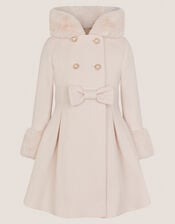 Faux Fur Hood Double Breasted Coat, Cream (CREAM), large