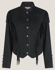 Salome Fringe Faux Suede Jacket, Black (BLACK), large