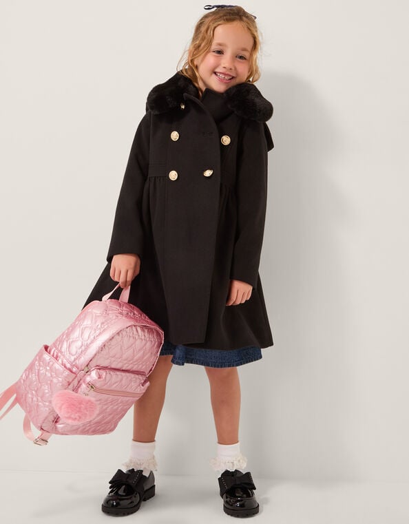 Faux Fur Collar Double-Breasted Coat, Black (BLACK), large