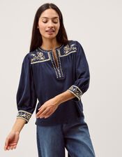 Emi Embroidered Cotton Jersey Top, Blue (NAVY), large