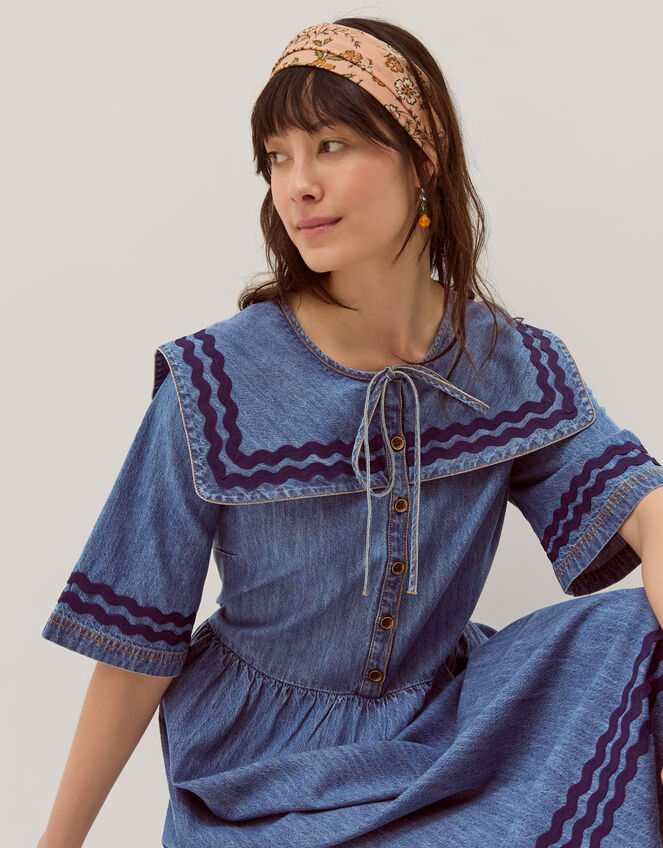 Shelby Square Collar Denim Midi Dress, Blue (MID AUTHENTIC BLUE), large