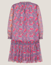 Floral Print Mesh Long Sleeve Dress, Purple (PURPLE), large