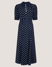 Kate Puff Sleeve Polka Dot Midi Dress, Blue (NAVY), large